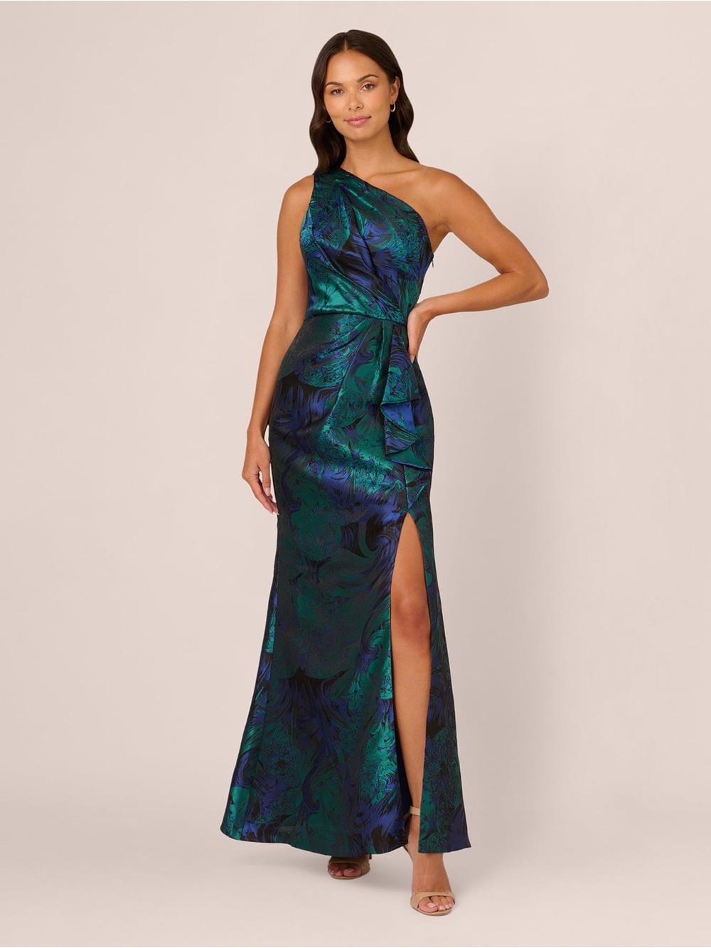 Adrianna Papell One-Shoulder Emerald & Navy Jacquard Gown - Picture 3 of 8